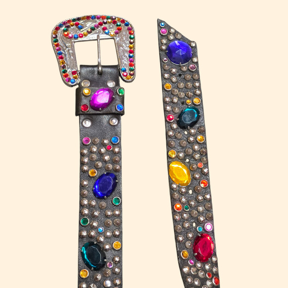 1980s Rainbow Jeweled Studded Black Leather Belt ~ Bedazzled main image 2
